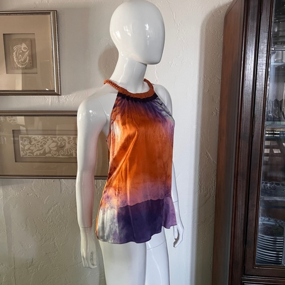 Never Worn! Elie Tahari Copper & Violet Silk Halter Tie Neck Blouse - Medium - Picture 10 of 15